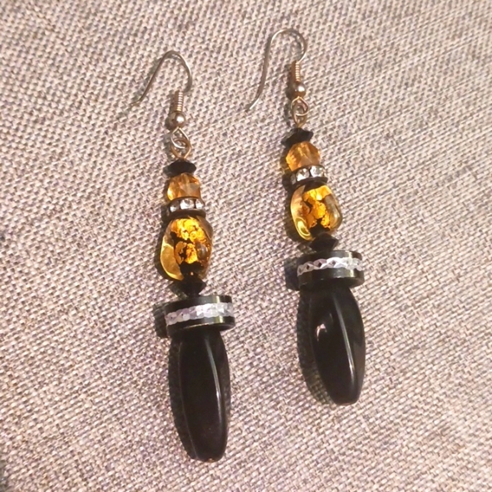 Black and Amber Glass and Acrylic Earrings - Pre-loved (3")